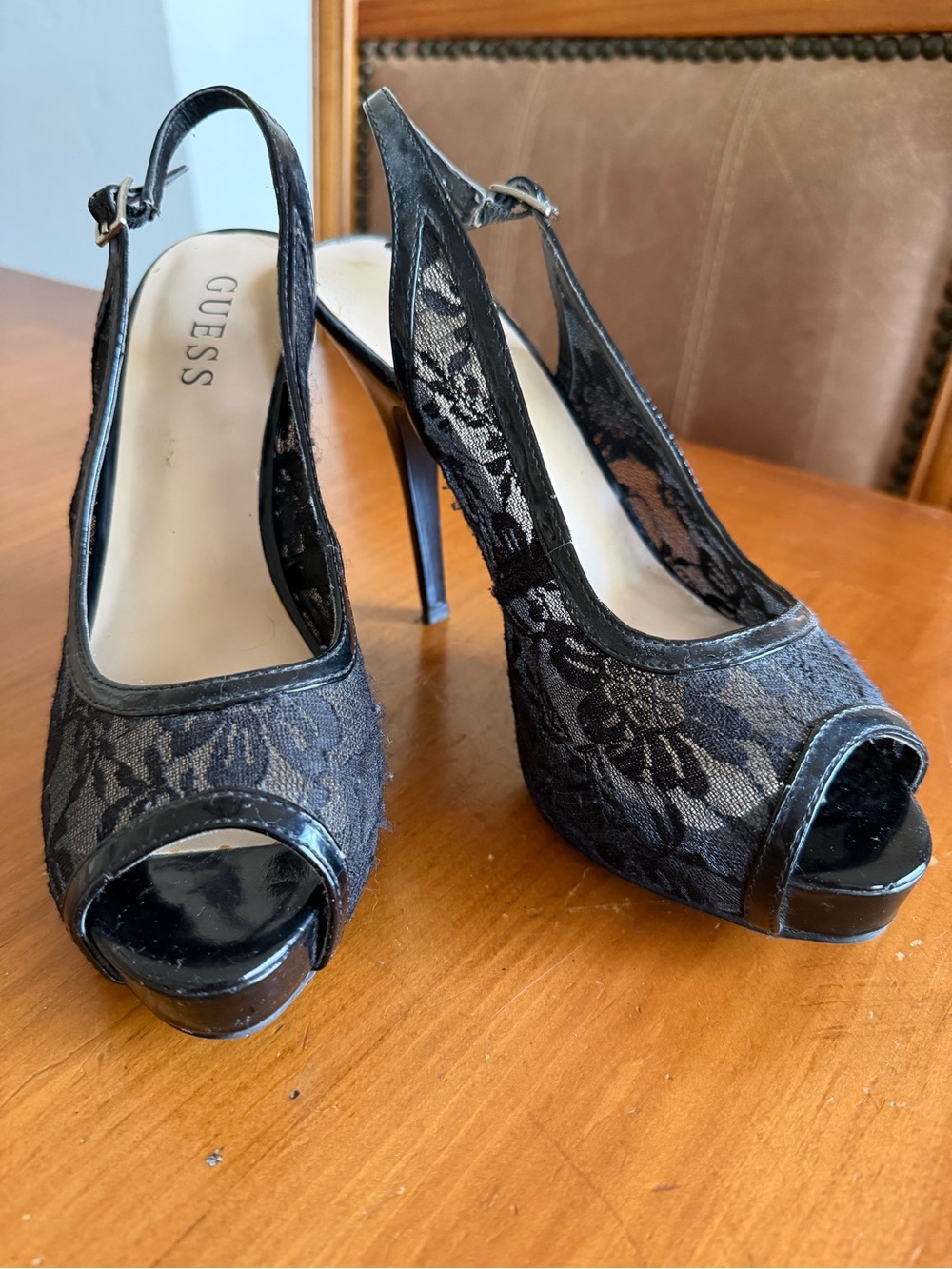 GUESS Black Lace Peep-Toe Slingback Stiletto Heels